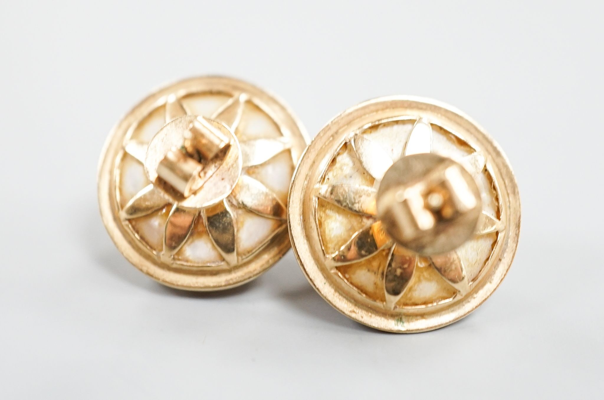 A pair of yellow metal and mabe pearl earrings, 2mm, gross weight 13.3 grams.